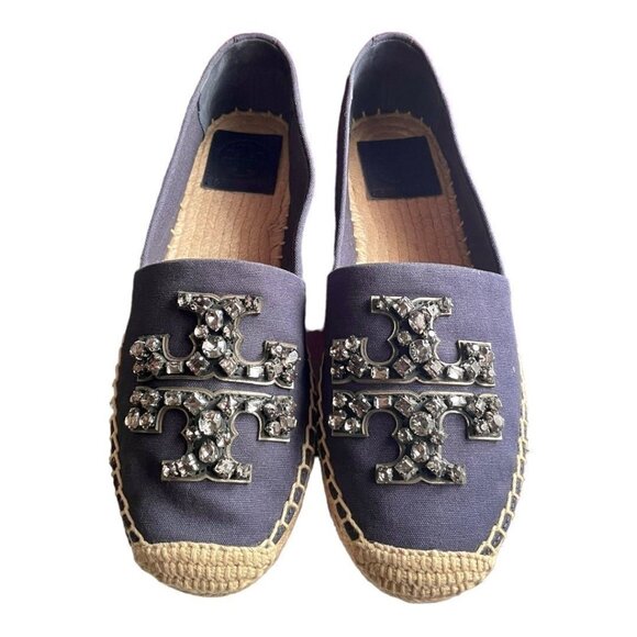 TORY BURCH Ines Embellished Logo Espadrille Flats Navy Canvas Size 5.5 NIB - Picture 3 of 11